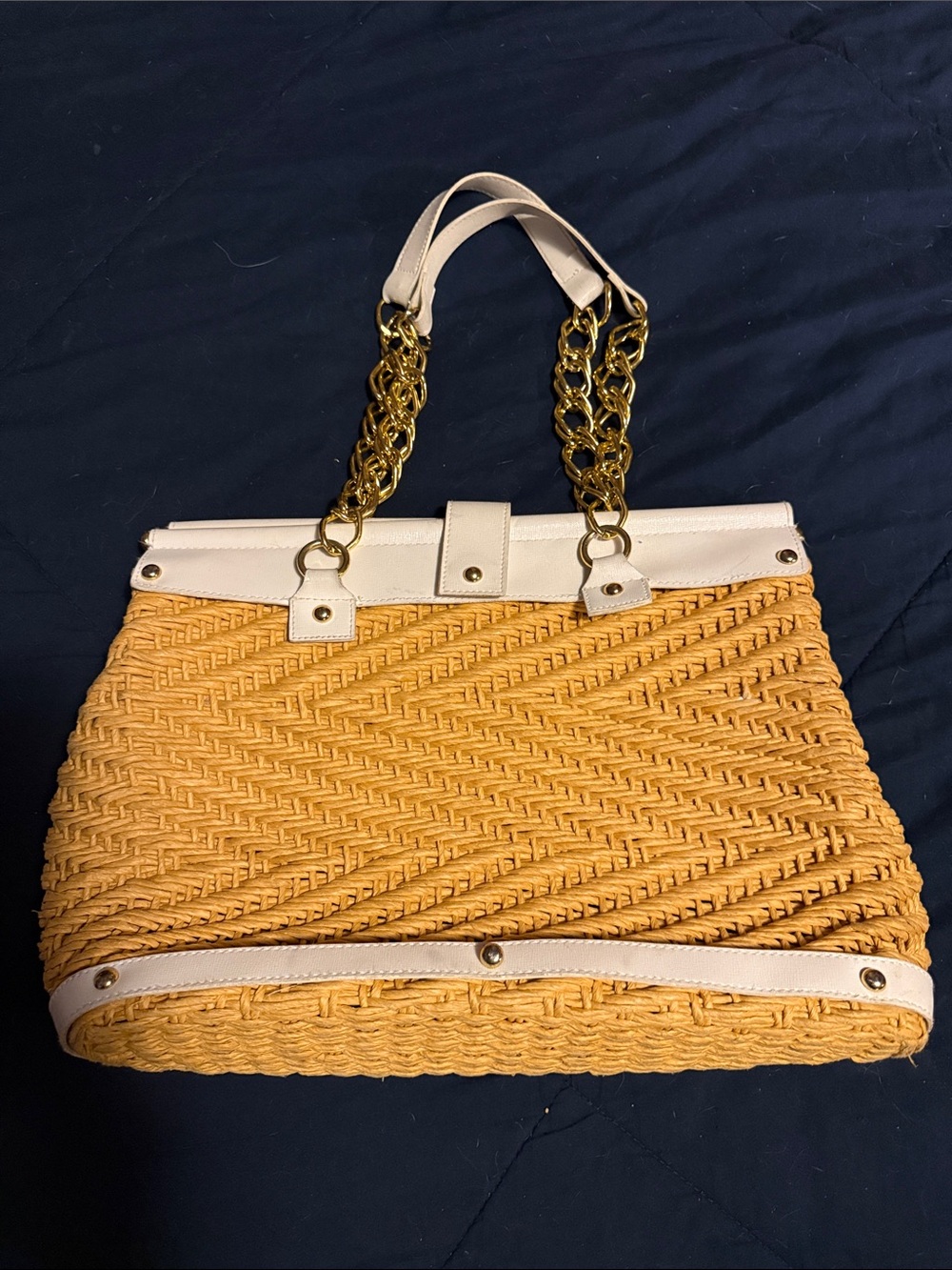 Straw Tote Bag with Cream Trim and Gold Chain Handles